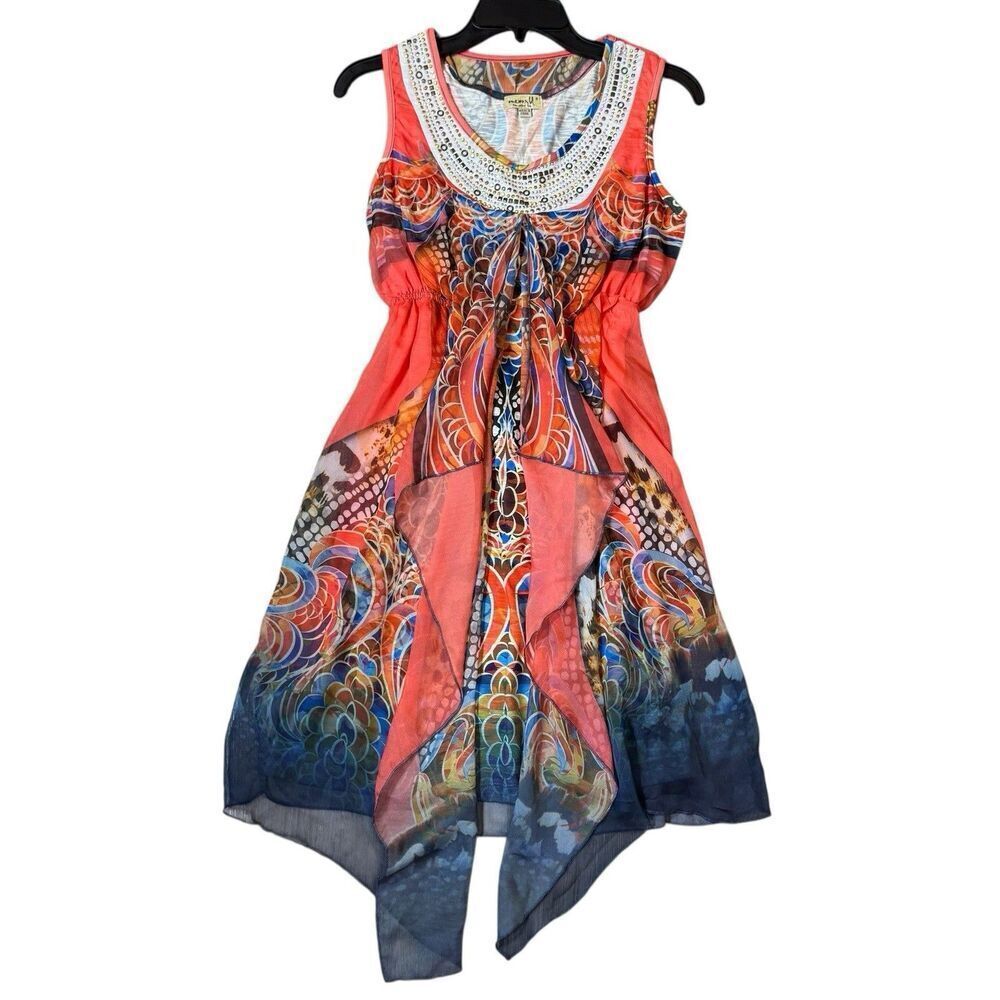 Vintage Y2K Babydoll Midi Dress Tunic Sheer S Orange Blue Boho Fairy Grunge